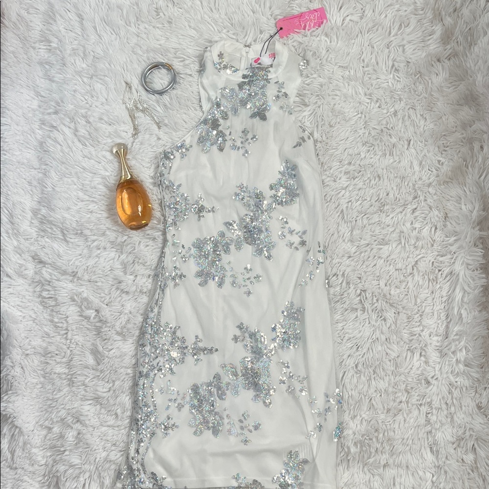 Embellished White Mini Dress with Silver Sequin Accents